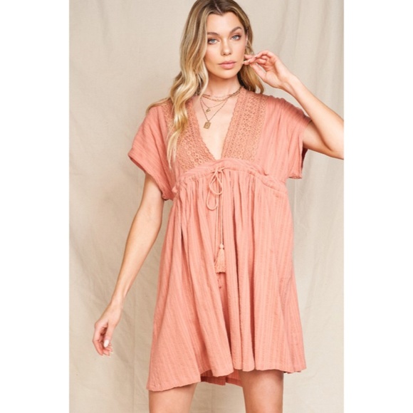 SOLD OUT Clay Cover Up Style Crochet Boho Swingy Dress w/ Tassel Trim Tie Casual - Picture 4 of 8